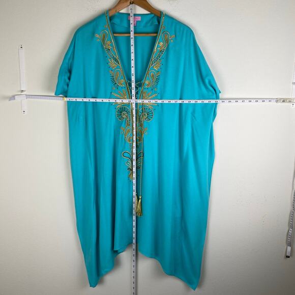 Lilly Pulitzer Chai Caftan Dress Size L XL Seaside Aqua Cover Up Beach Vacation - Picture 14 of 16